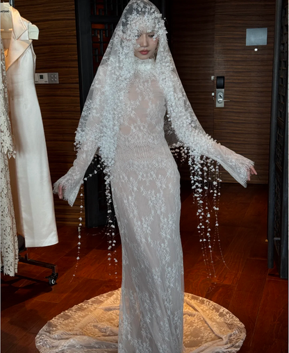 Robe de mariée vintage blanche col haut manches longues sirène en dentelle et tulle avec traîne P4748