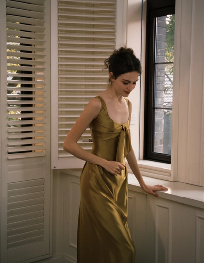 Elegantes, olivgrünes, quadratisches Neckholder-Satin-Kleid mit Schleife, langes Ballkleid, Abendkleid P4750