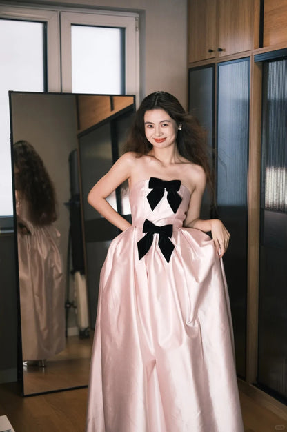 Süßes Prinzessinnen-Kleid mit rosa Schleife, A-Linie, Satin, langes Ballkleid, Geburtstagskleid P4756