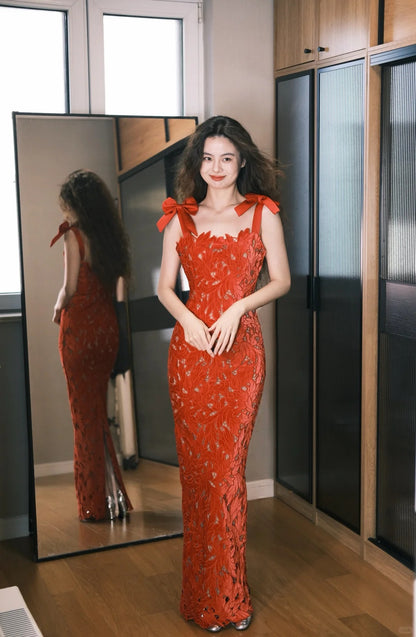 Süßes rotes Meerjungfrauen-Kleid mit Schleife, Trägern und 3D-Spitze, langes Ballkleid, Geburtstagskleid P4757