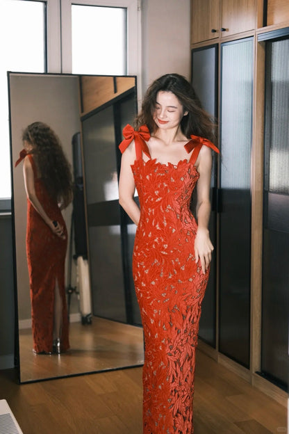 Süßes rotes Meerjungfrauen-Kleid mit Schleife, Trägern und 3D-Spitze, langes Ballkleid, Geburtstagskleid P4757