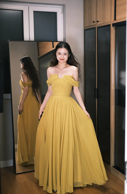 Elegantes schulterfreies A-Linien Chiffon langes Ballkleid Abendkleid P4763 in Ginger