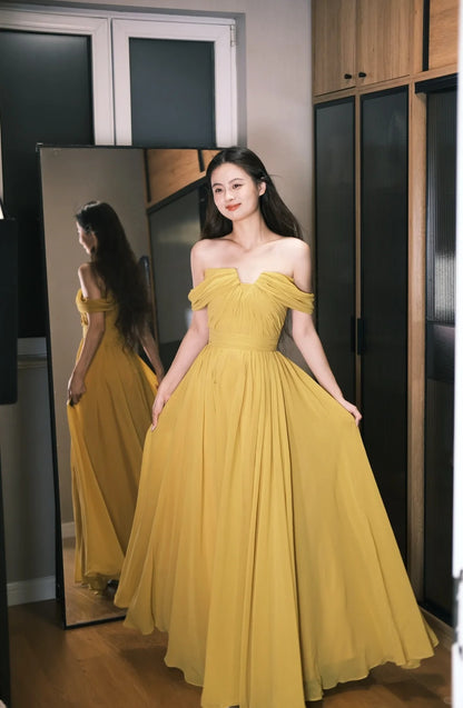 Elegantes schulterfreies A-Linien Chiffon langes Ballkleid Abendkleid P4763 in Ginger