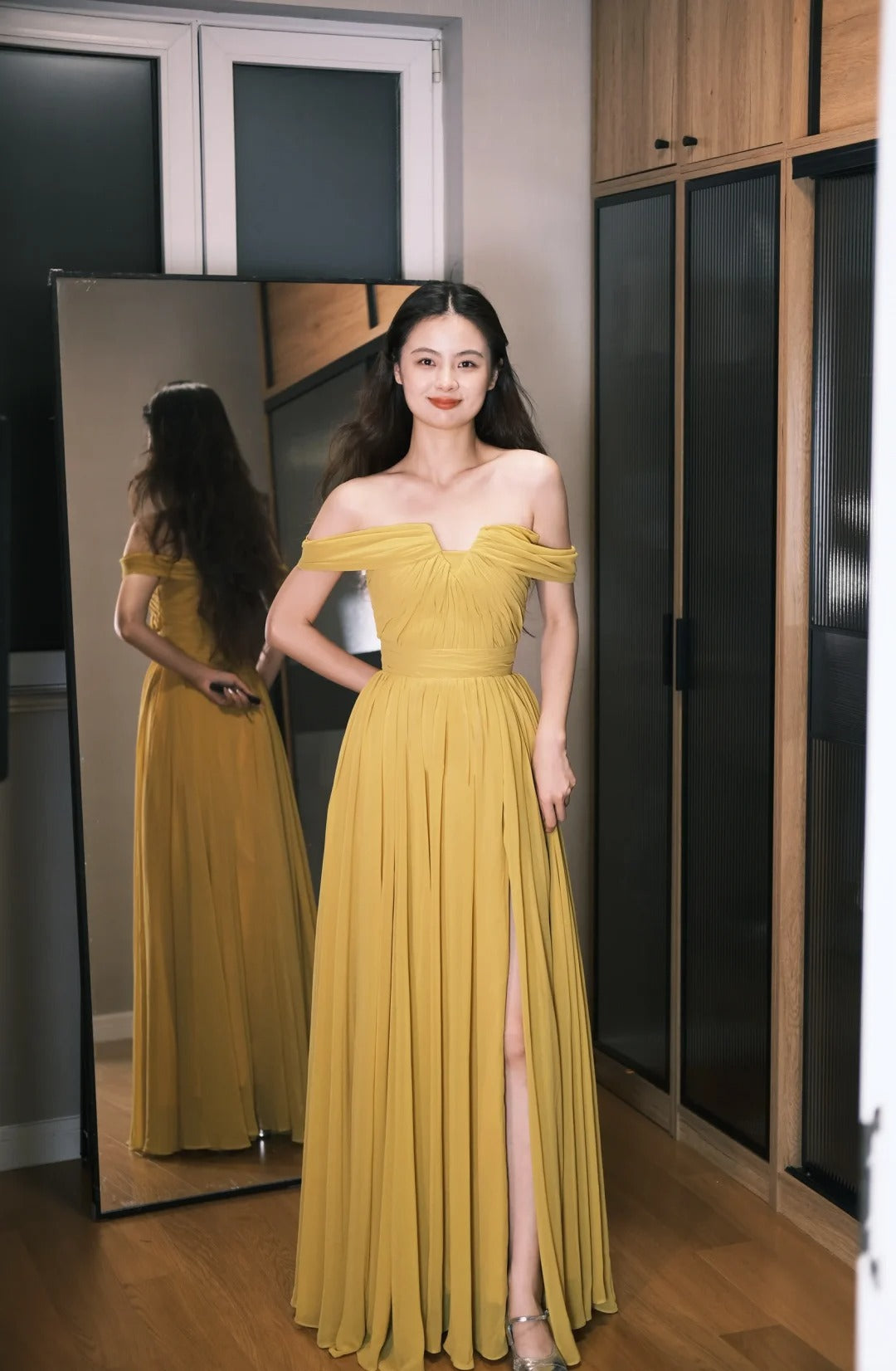 Elegantes schulterfreies A-Linien Chiffon langes Ballkleid Abendkleid P4763 in Ginger