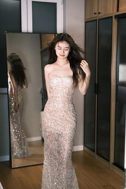 Sexy trägerloses Meerjungfrauen Pailletten Tüll langes Ballkleid Abendkleid P4765