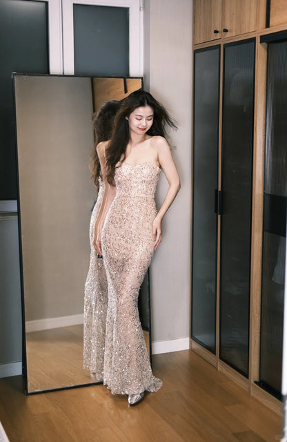 Sexy trägerloses Meerjungfrauen Pailletten Tüll langes Ballkleid Abendkleid P4765
