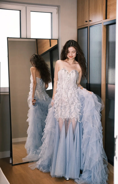 Verträumtes Staubblau Gefiedertes Tüll-Layering Abendkleid Ballkleid P4767