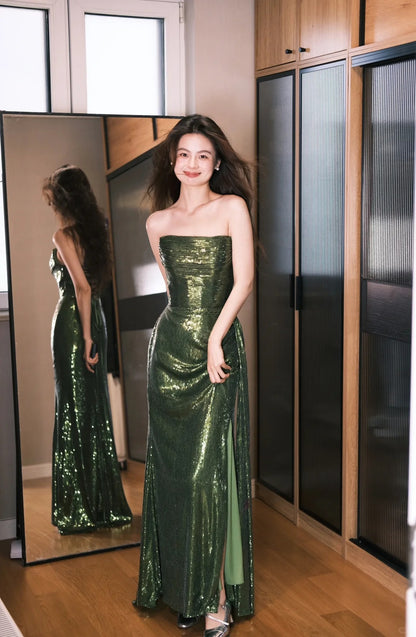 Elegantes dunkelgrünes trägerloses Meerjungfrauen-Abendkleid mit Schnürung und Schlitz, Pailletten, langes Ballkleid P4769