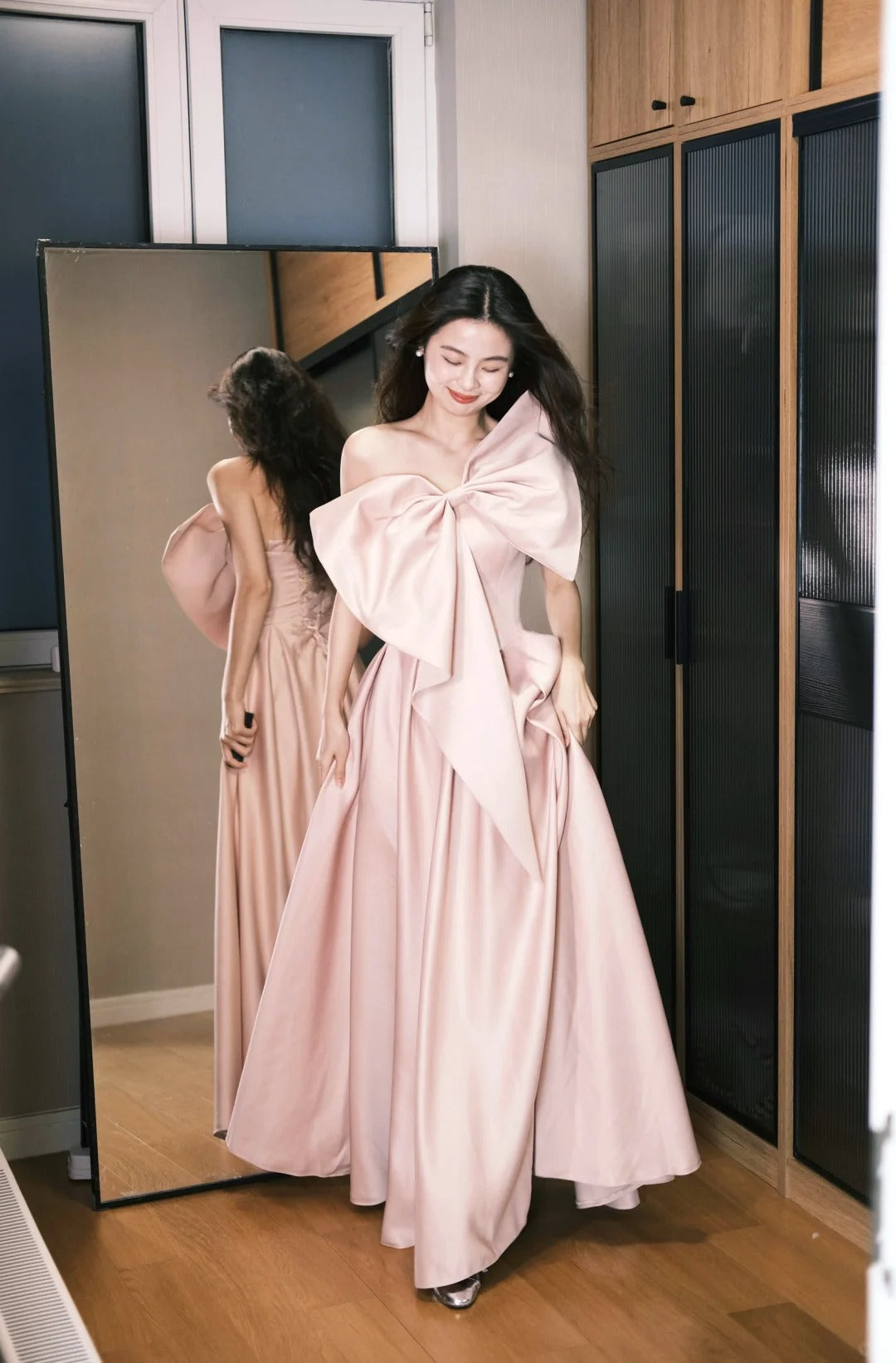 Süßes rosafarbenes A-Linien-Satin-Kleid mit großer Schleife für den Abschlussball, Geburtstagskleid P4773