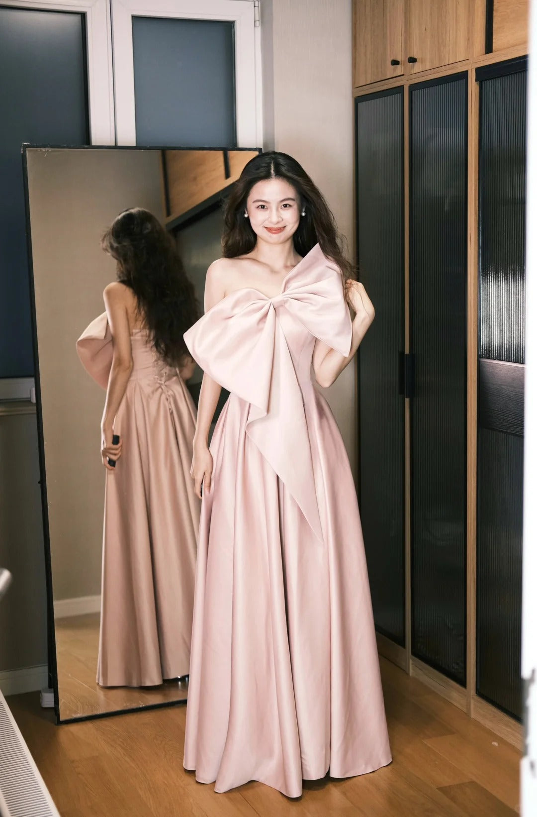Süßes rosafarbenes A-Linien-Satin-Kleid mit großer Schleife für den Abschlussball, Geburtstagskleid P4773