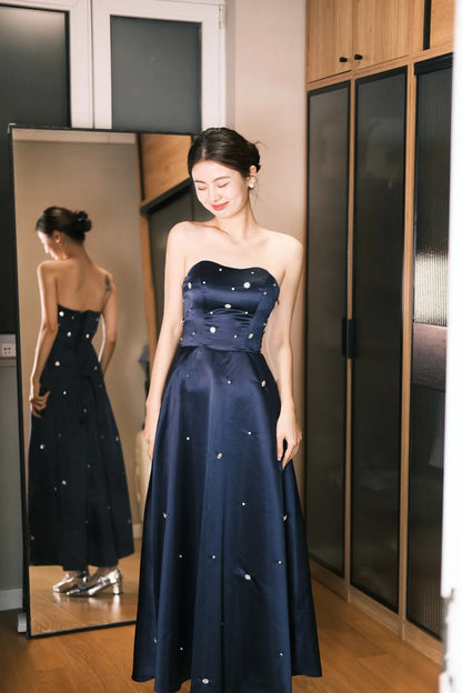 Elegant Navy Blue Sweetheart Neck Satin A-Line Prom Dress Evening Dres –  PreppyDress