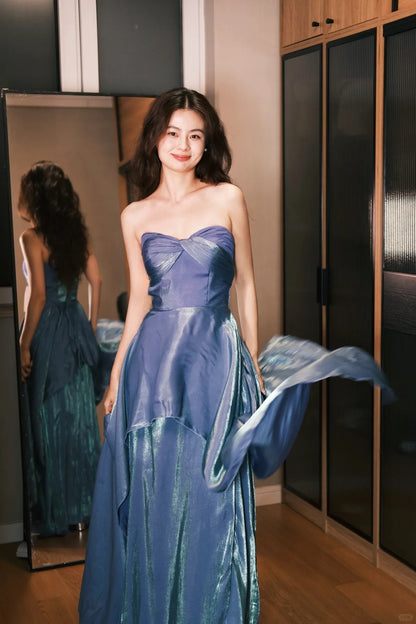 Traumhaftes blaues trägerloses A-Linien Satin Ballkleid Abendkleid P4776