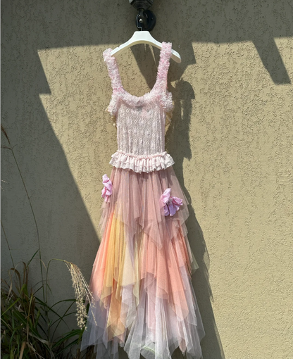 Verträumtes Gradient Spaghetti-Träger Spitzenbesatz Mehrlagiges Tüll Langes Ballkleid Geburtstagsabendkleid P4778