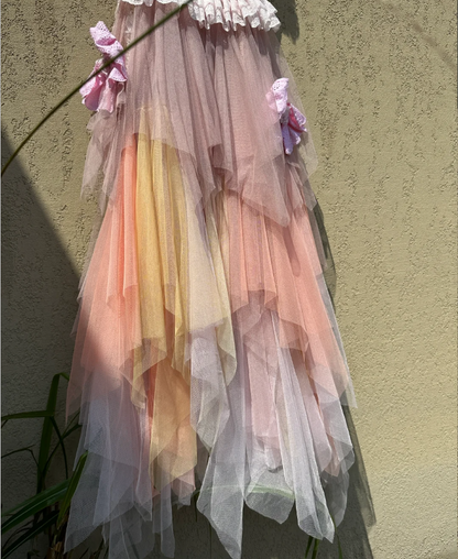Verträumtes Gradient Spaghetti-Träger Spitzenbesatz Mehrlagiges Tüll Langes Ballkleid Geburtstagsabendkleid P4778