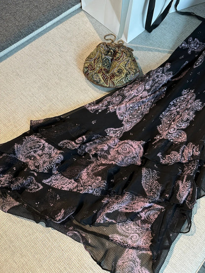 Vintage schwarzes, pinkes Print Spaghetti-Träger Meerjungfrau Tüll langes Ballkleid Abendkleid P4779