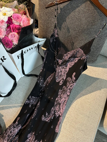 Vintage schwarzes, pinkes Print Spaghetti-Träger Meerjungfrau Tüll langes Ballkleid Abendkleid P4779