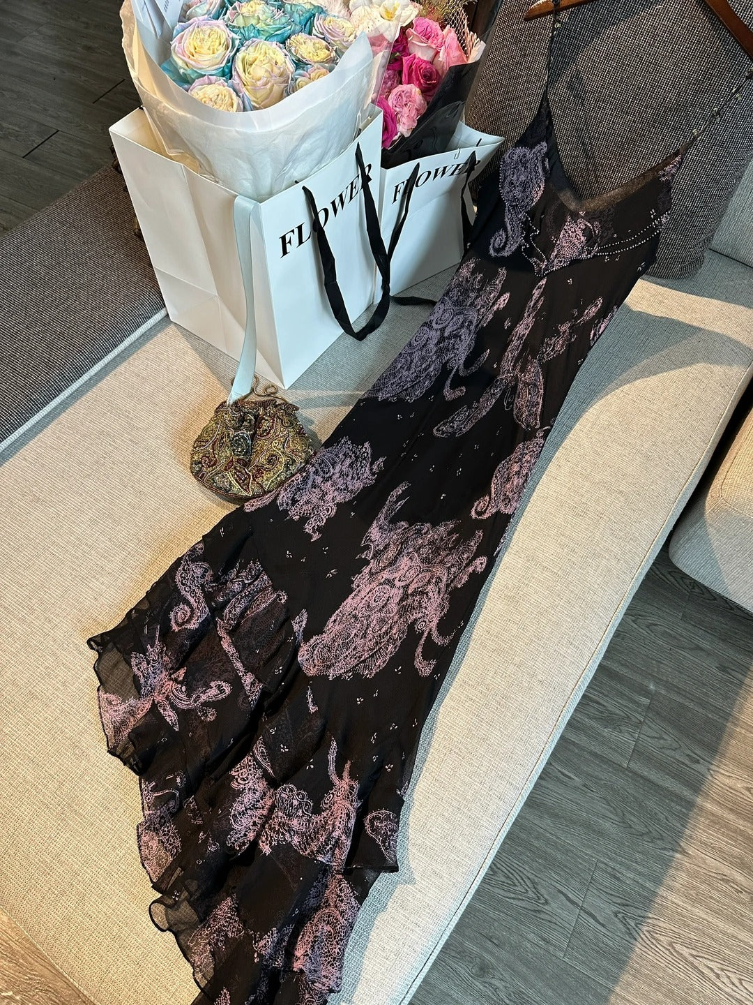 Vintage schwarzes, pinkes Print Spaghetti-Träger Meerjungfrau Tüll langes Ballkleid Abendkleid P4779