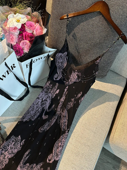 Vintage schwarzes, pinkes Print Spaghetti-Träger Meerjungfrau Tüll langes Ballkleid Abendkleid P4779