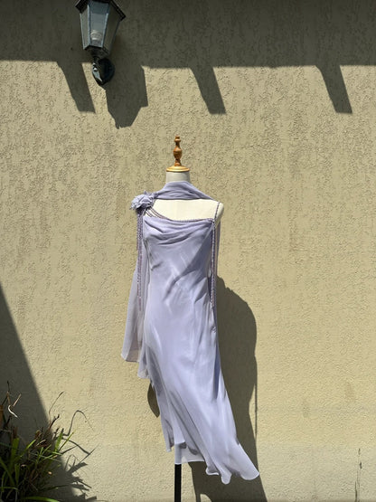 Elegantes lavendelfarbenes Spaghettiträger-Chiffon-Ballkleid mit Quasten Abendkleid P4780