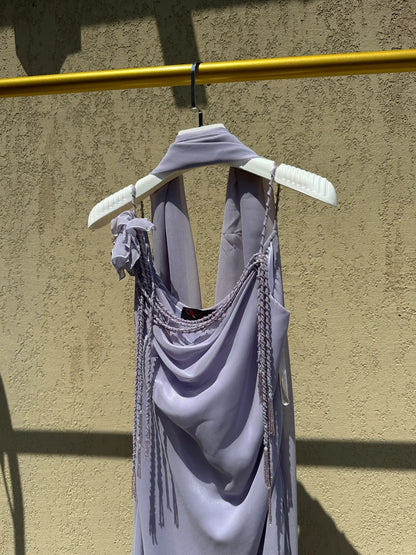 Elegantes lavendelfarbenes Spaghettiträger-Chiffon-Ballkleid mit Quasten Abendkleid P4780