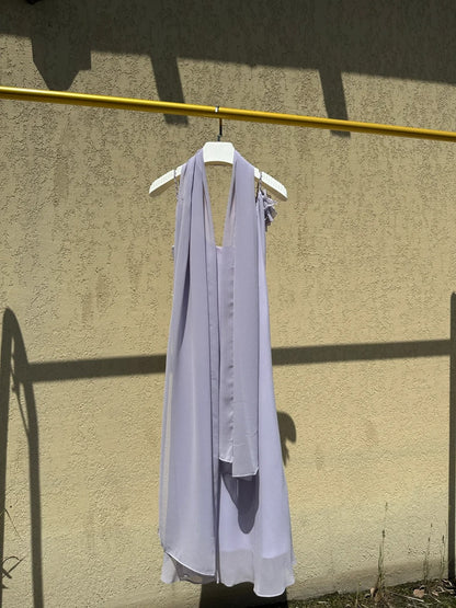 Elegantes lavendelfarbenes Spaghettiträger-Chiffon-Ballkleid mit Quasten Abendkleid P4780