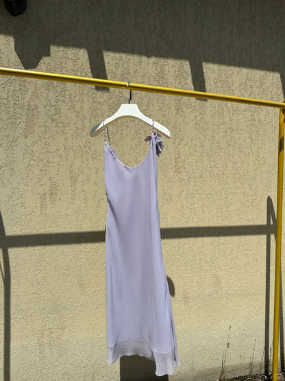 Elegantes lavendelfarbenes Spaghettiträger-Chiffon-Ballkleid mit Quasten Abendkleid P4780