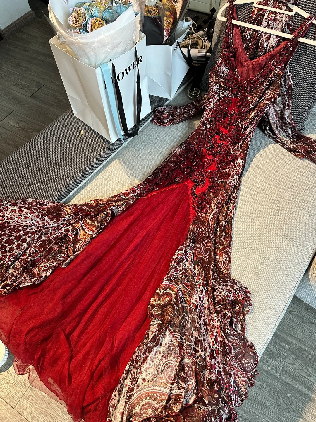 Vintage Rotbraun Bedrucktes Spaghetti-Träger Meerjungfrauen Chiffon Langes Ballkleid Abendkleid P4781