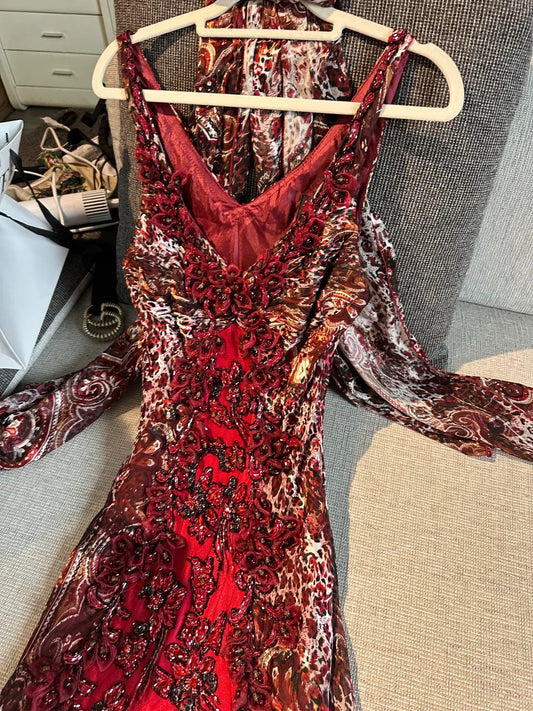 Robe de bal longue en mousseline avec bretelles fines à imprimé rouge marron vintage, modèle sirène, robe de soirée P4781