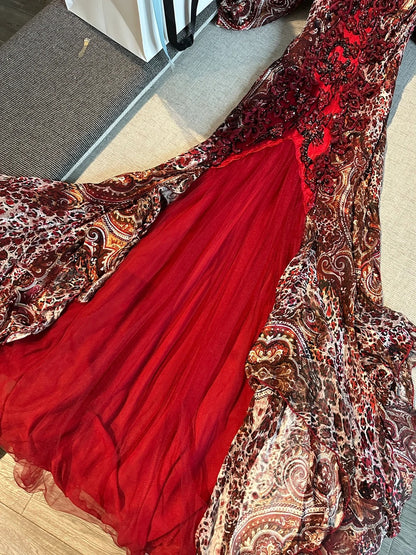 Vintage Rotbraun Bedrucktes Spaghetti-Träger Meerjungfrauen Chiffon Langes Ballkleid Abendkleid P4781