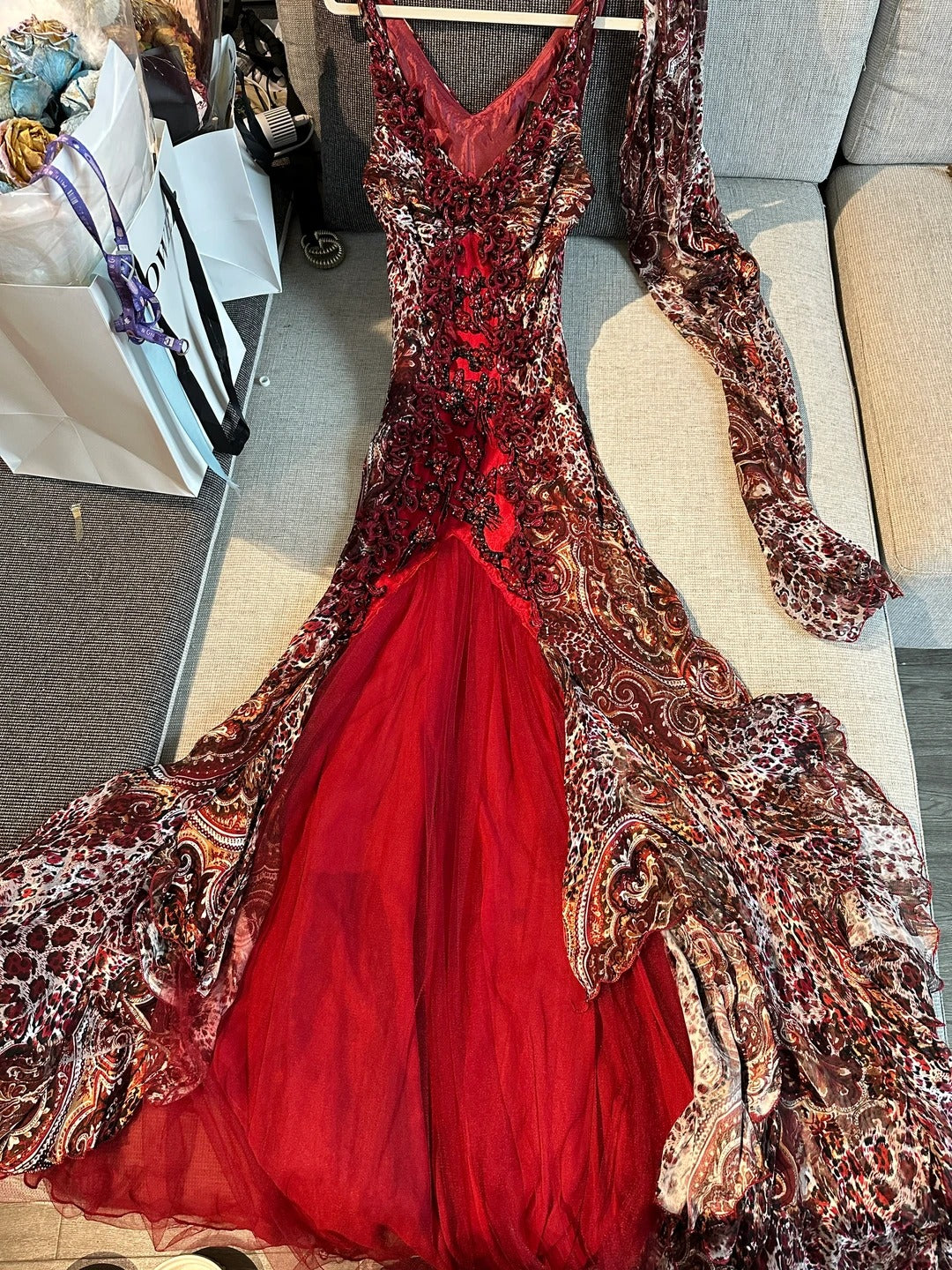 Vintage Rotbraun Bedrucktes Spaghetti-Träger Meerjungfrauen Chiffon Langes Ballkleid Abendkleid P4781