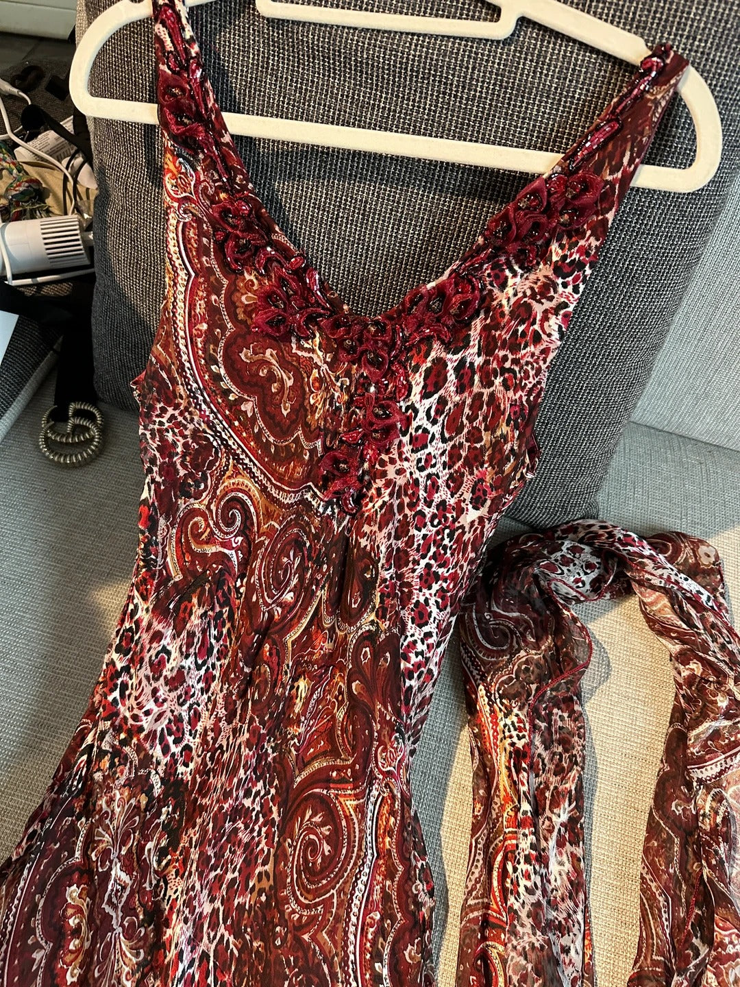 Vintage Rotbraun Bedrucktes Spaghetti-Träger Meerjungfrauen Chiffon Langes Ballkleid Abendkleid P4781