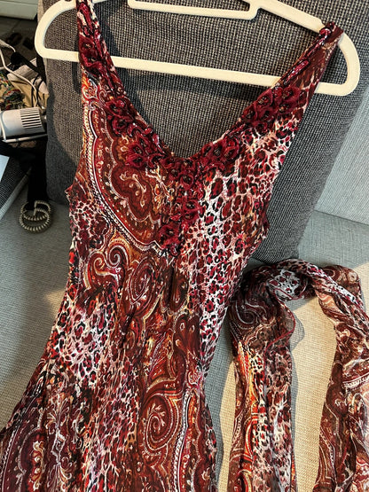 Vintage Rotbraun Bedrucktes Spaghetti-Träger Meerjungfrauen Chiffon Langes Ballkleid Abendkleid P4781