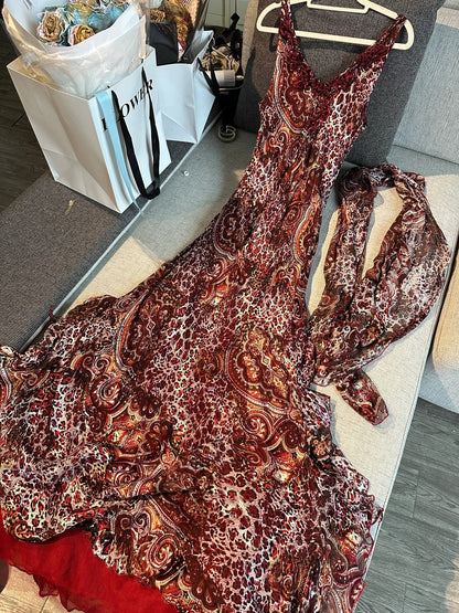Vintage Rotbraun Bedrucktes Spaghetti-Träger Meerjungfrauen Chiffon Langes Ballkleid Abendkleid P4781