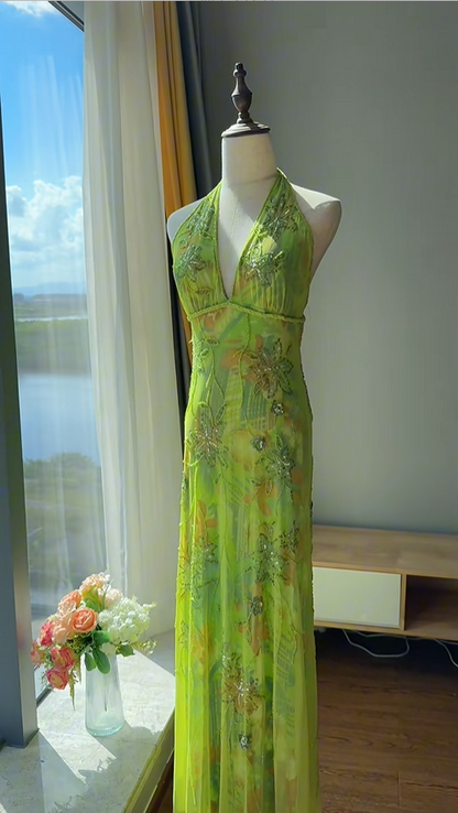 Wunderschönes grünes Neckholder-V-Ausschnitt Perlen Chiffon langes Ballkleid Geburtstagskleid P4783