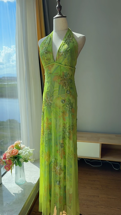 Wunderschönes grünes Neckholder-V-Ausschnitt Perlen Chiffon langes Ballkleid Geburtstagskleid P4783