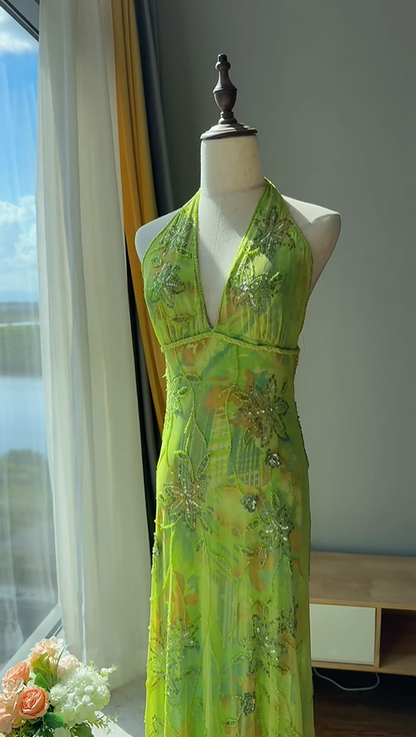 Wunderschönes grünes Neckholder-V-Ausschnitt Perlen Chiffon langes Ballkleid Geburtstagskleid P4783