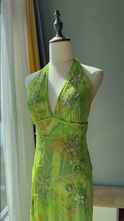 Wunderschönes grünes Neckholder-V-Ausschnitt Perlen Chiffon langes Ballkleid Geburtstagskleid P4783