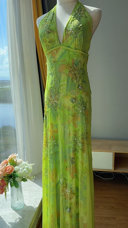 Wunderschönes grünes Neckholder-V-Ausschnitt Perlen Chiffon langes Ballkleid Geburtstagskleid P4783
