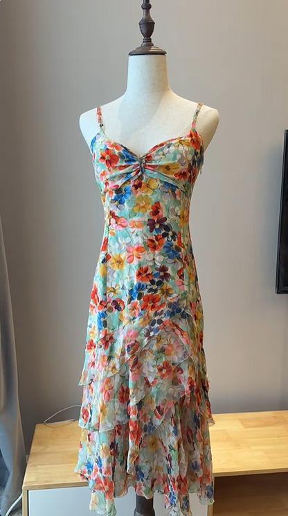 Buntes Blumen-Spaghettiträger-Kleid Unregelmäßiges Chiffon-Ballkleid Geburtstagskleid P4784