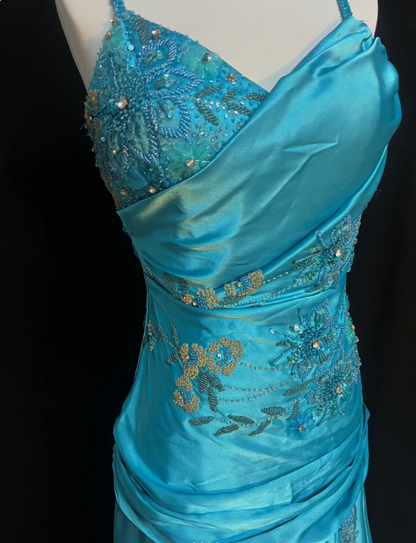 Luxuriöses seeblaues Spaghetti-Träger Perlen Rüschen Satin Langes Ballkleid Abendkleid P4785