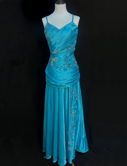 Luxuriöses seeblaues Spaghetti-Träger Perlen Rüschen Satin Langes Ballkleid Abendkleid P4785