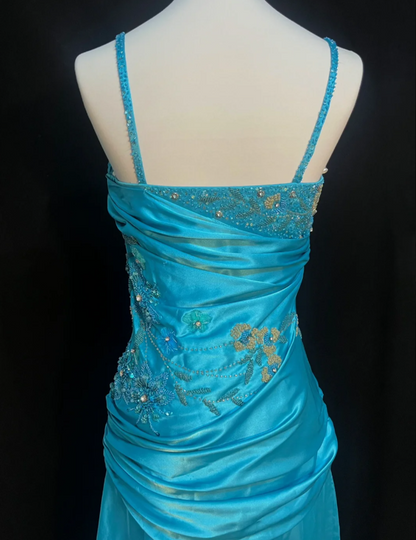 Luxuriöses seeblaues Spaghetti-Träger Perlen Rüschen Satin Langes Ballkleid Abendkleid P4785