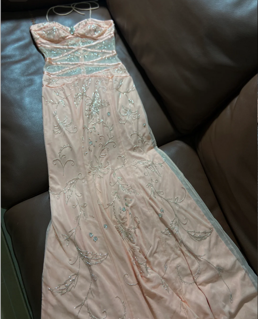 Sweet Pink Halter Neck Mermaid Beaded Sheer Tulle Long Prom Dress Birthday Dress P4786