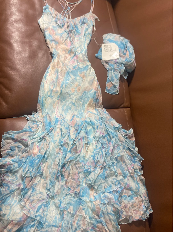 Wunderschönes blau-rosa florales Spaghettiträger-Meerjungfrauen-Chiffon-langes Ballkleid Geburtstagskleid P4788