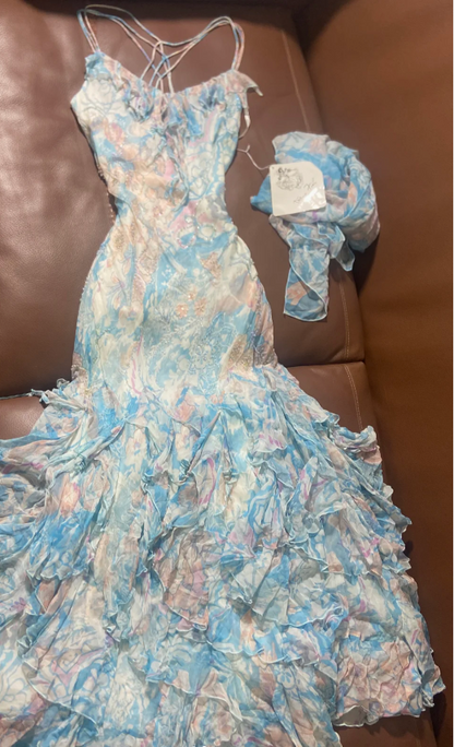 Wunderschönes blau-rosa florales Spaghettiträger-Meerjungfrauen-Chiffon-langes Ballkleid Geburtstagskleid P4788