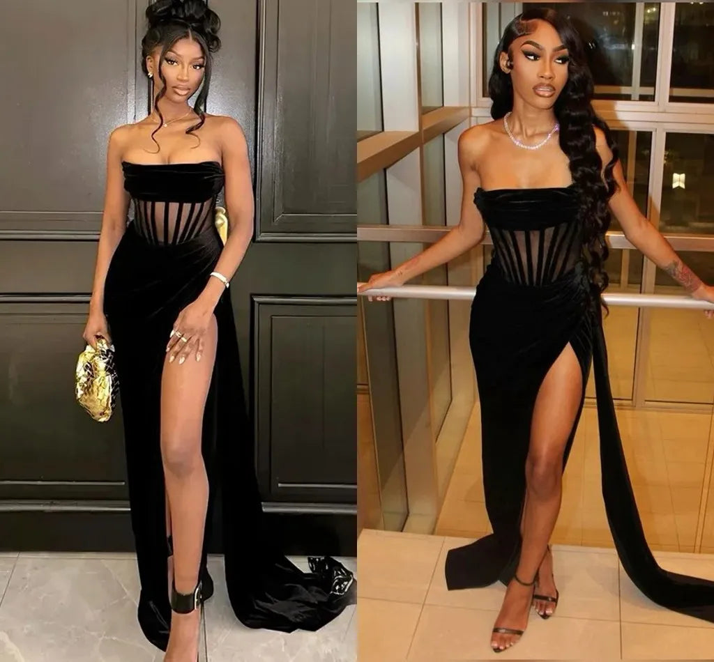 Robes de bal noires Robe de bal sexy fendue Tenues d'anniversaire P379
