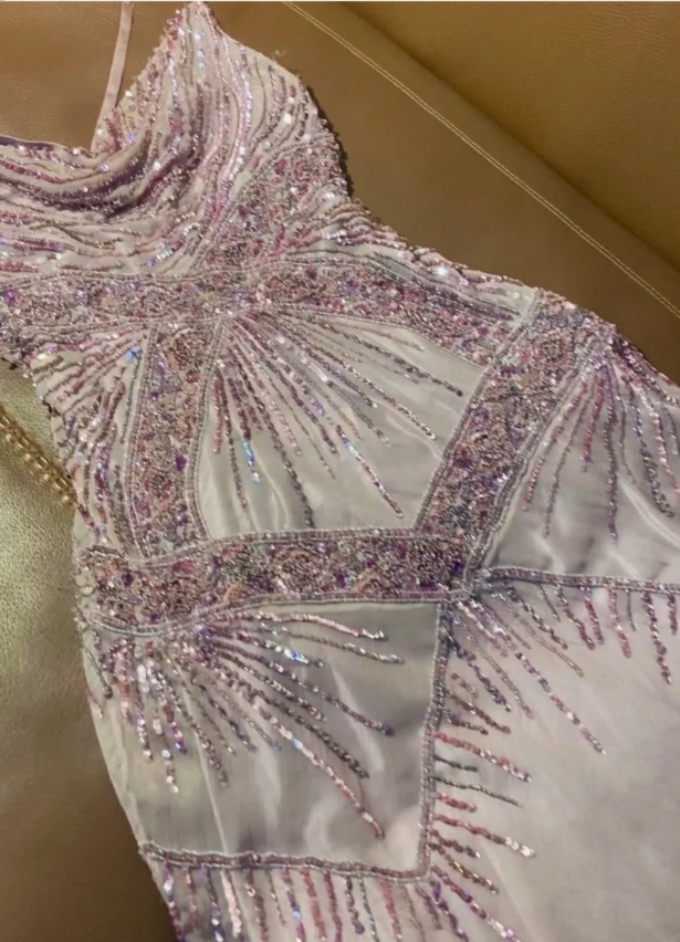 Luxuriöses Lavendel Spaghetti-Träger Perlen Irreguläres Chiffon Langes Ballkleid Abendkleid P4792