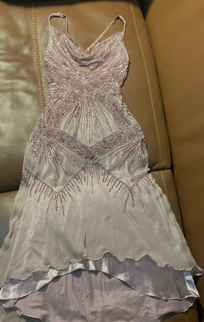 Luxuriöses Lavendel Spaghetti-Träger Perlen Irreguläres Chiffon Langes Ballkleid Abendkleid P4792