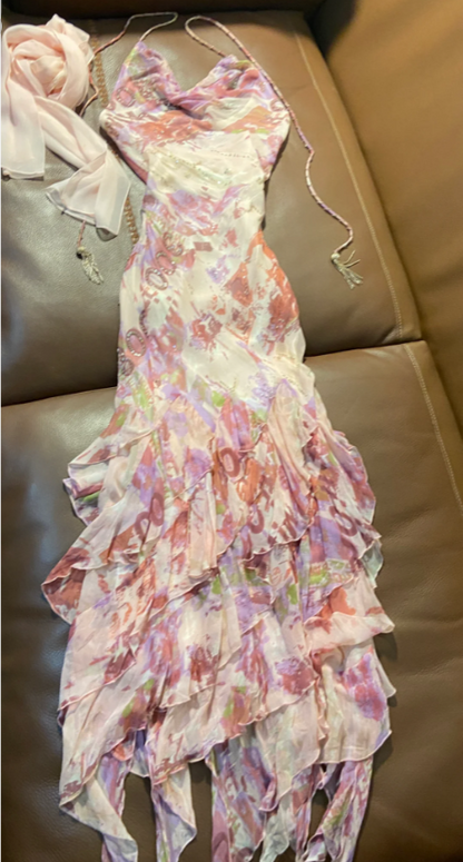 Bedrucktes Vintage-Halterneck-Kleid, asymmetrisch, geraffte Chiffon, langes Ballkleid, Abendkleid P4793