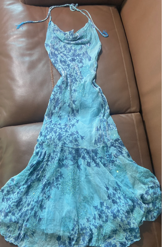 Frisches See Blau Neckholder Meerjungfrau Bedrucktes Chiffon Langes Ballkleid Abendkleid P4796